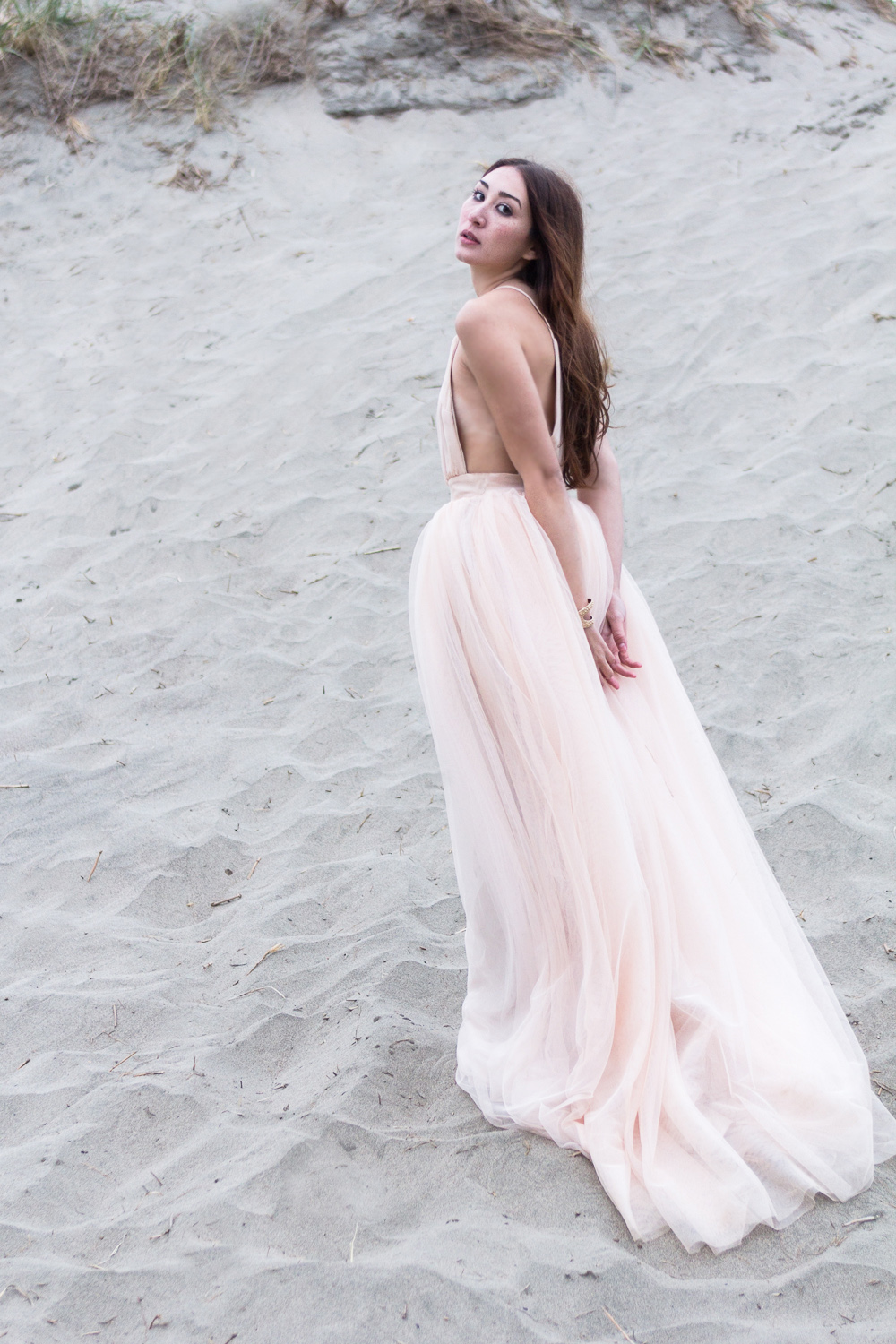 Against the Tide Alyssa Nicole Blush Tulle Gown at Ocean Beach